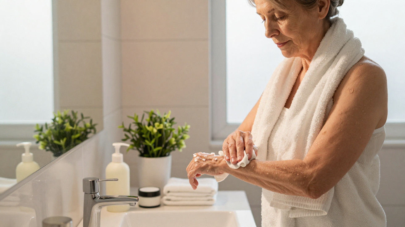 Mulher madura no banheiro aplicando creme nas mãos com toalha branca no pescoço e plantas na bancada.