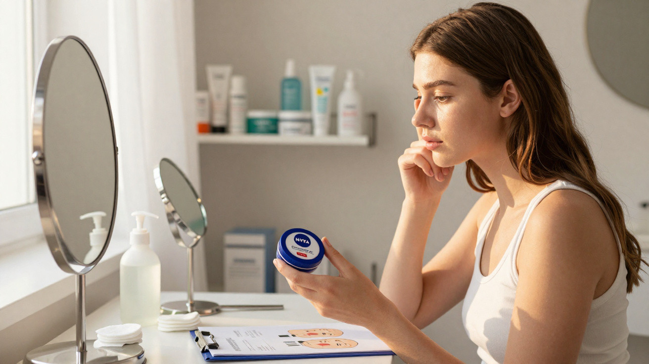 Mulher segurando pote de creme Nivea, sentada à mesa com espelhos e produtos de skincare.