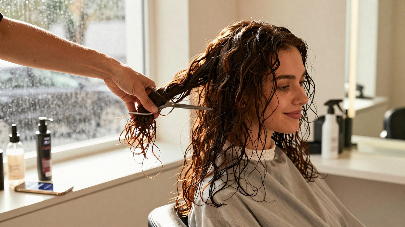Mulher sorrindo enquanto recebe corte de cabelo em salão com luz natural.