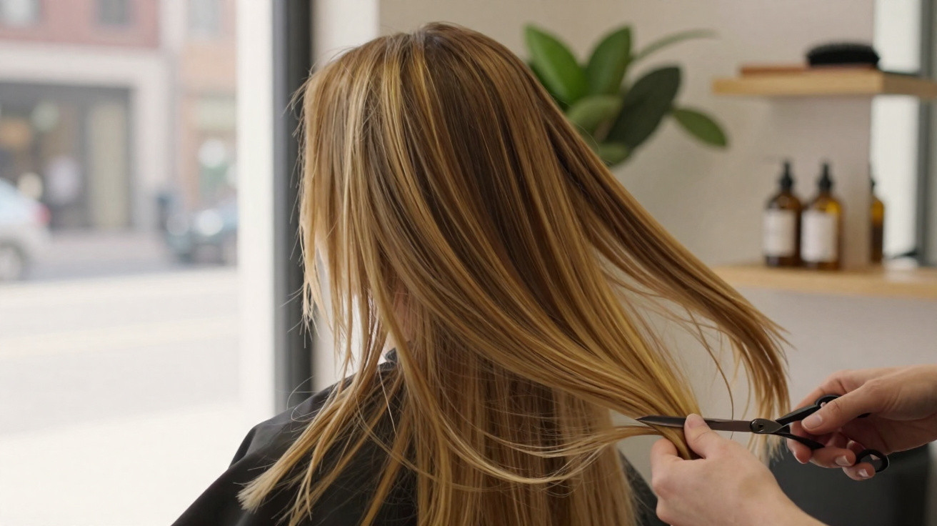 Pessoa com cabelo loiro recebendo corte de cabelo em salão, vista traseira.