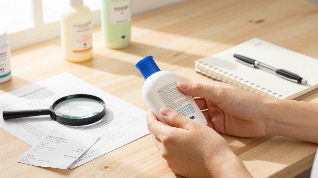 Mãos segurando frasco de produto cosmético com texto, ao lado de lupa, papéis e caderno em mesa de madeira.