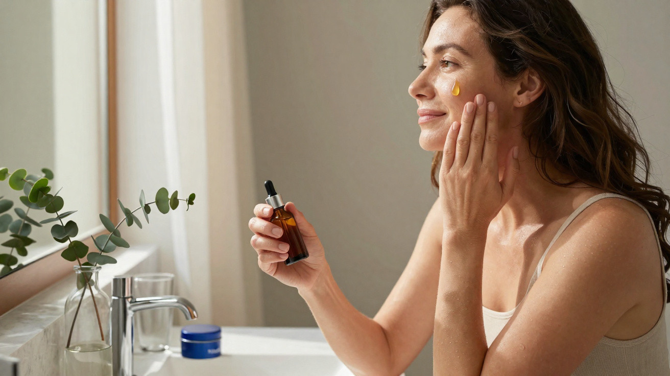 Mulher aplicando soro facial no rosto em banheiro iluminado por luz natural.
