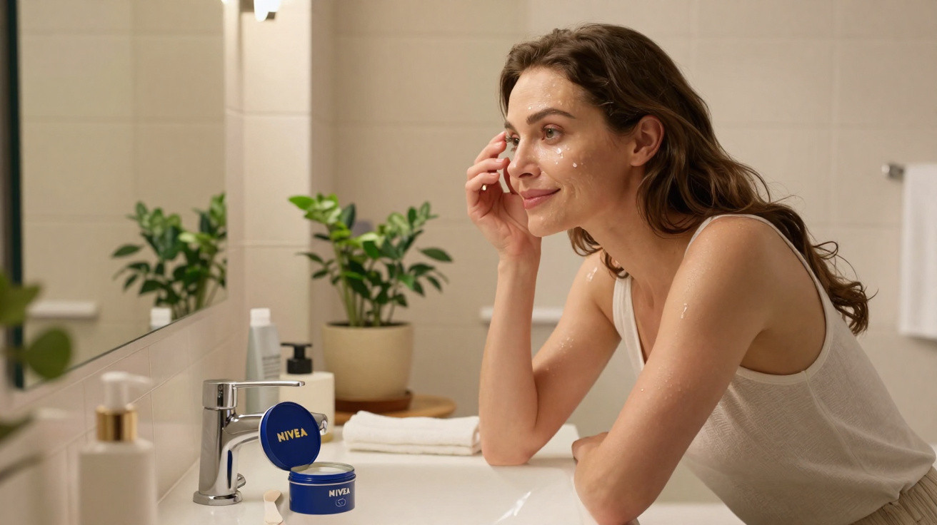 Mulher aplicando creme facial Nivea em frente ao espelho em banheiro decorado com plantas.