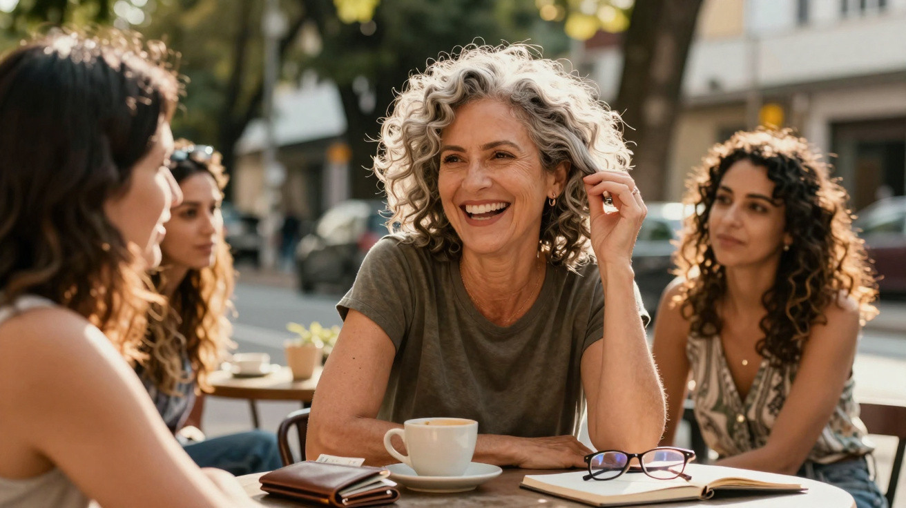 Mulheres conversando e sorrindo em mesa de café ao ar livre em dia ensolarado.