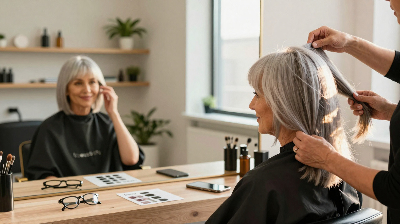 Mulher madura com cabelo grisalho sentada em salão de beleza enquanto cabeleireiro arruma seus cabelos.