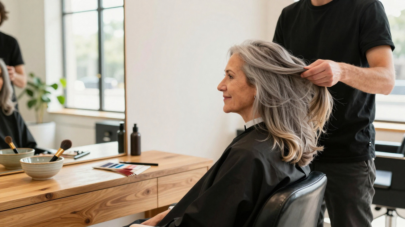 Mulher de cabelo grisalho sendo atendida por cabeleireiro em salão de beleza moderno.