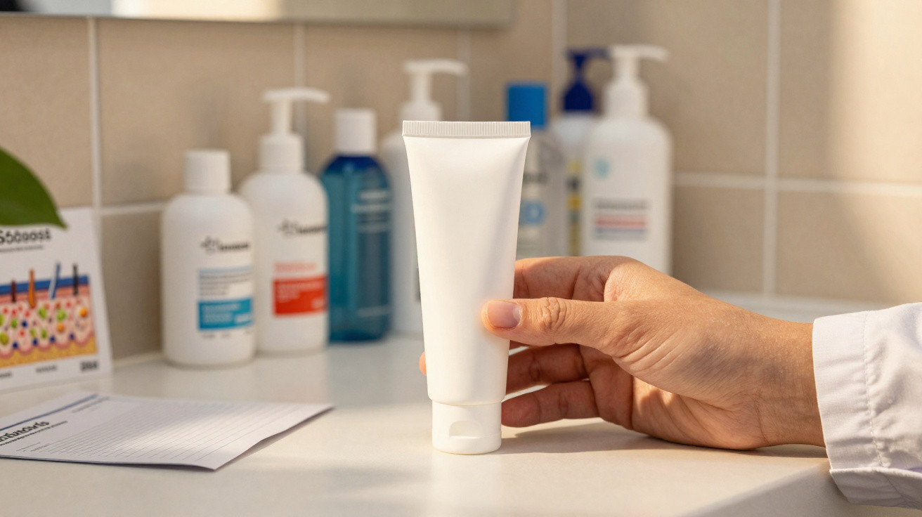 Mão segurando bisnaga branca com frascos de produtos e folhetos sobre bancada em ambiente clínico.