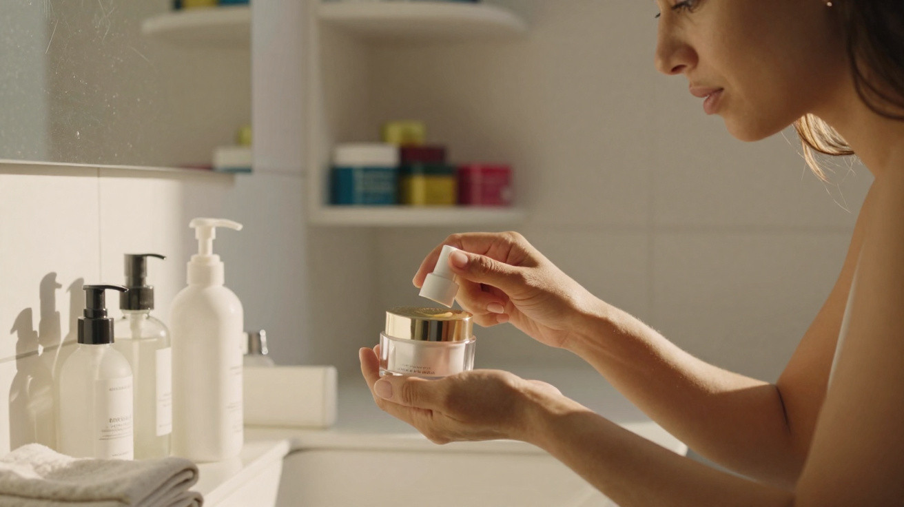 Mulher aplicando creme facial em ambiente iluminado com produtos de beleza ao fundo.
