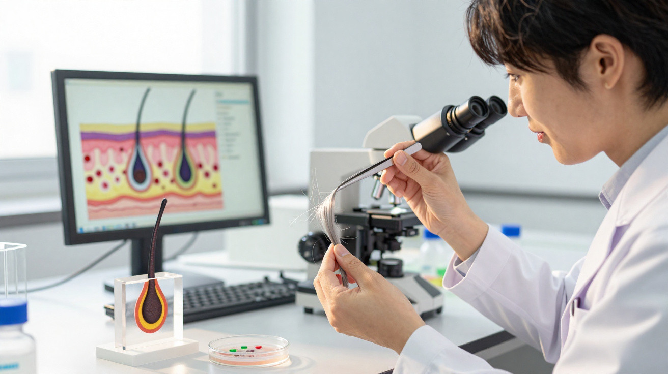 Pesquisadora examina fio de cabelo com pinça em laboratório com microscópio e ilustração de folículos capilares.