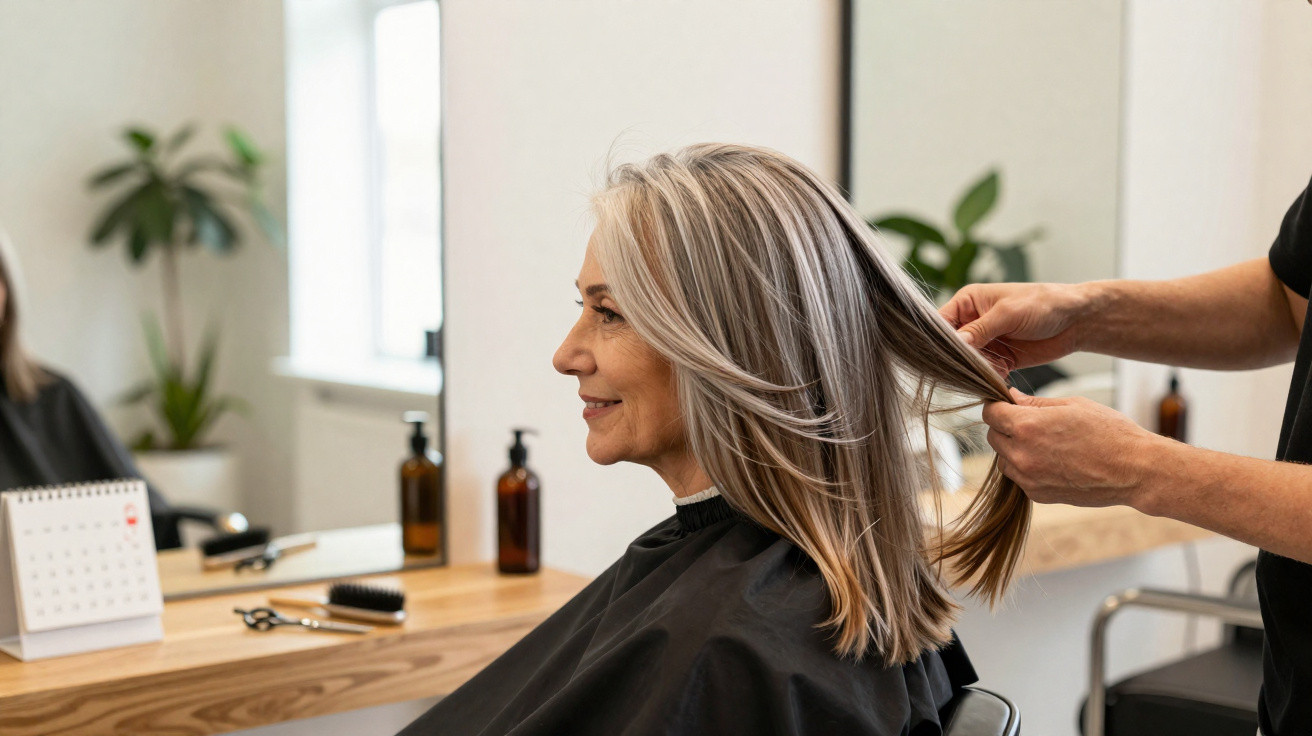 Mulher sorridente com cabelo grisalho sendo arrumado por cabeleireiro em salão de beleza moderno.