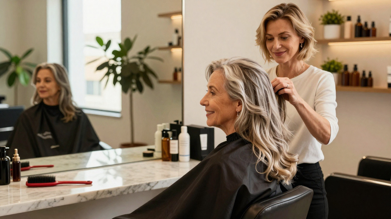 Mulher sorridente recebendo penteado de cabeleireira em salão de beleza moderno.