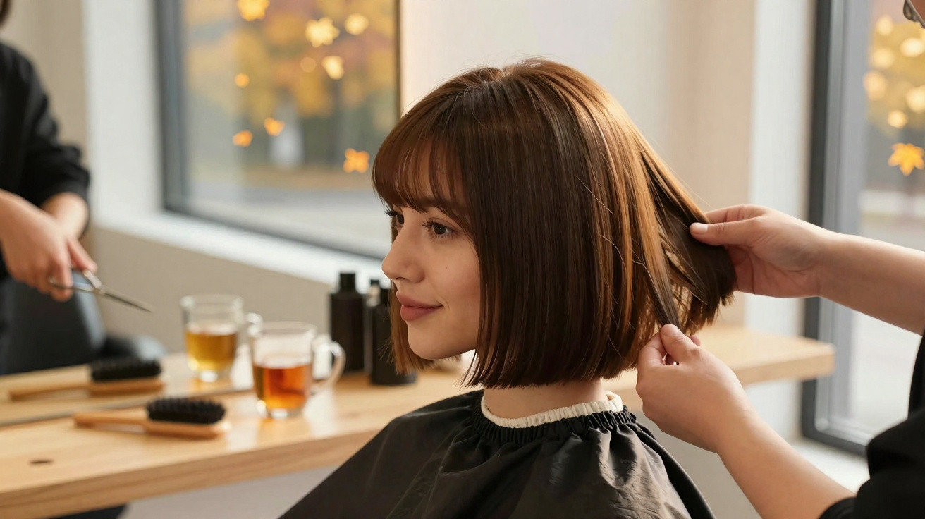 Mulher com cabelo curto sendo preparada para corte em salão com luz natural e decoração minimalista.