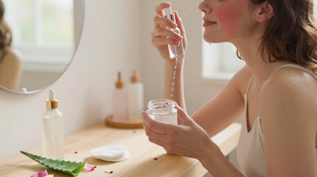 Mulher aplicando sérum facial com conta-gotas em ambiente de cuidado com a pele.