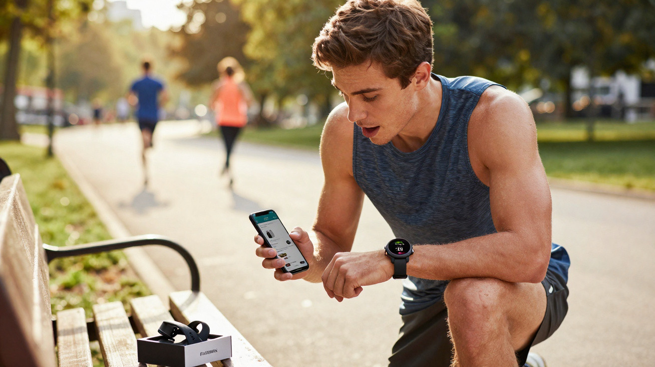 Homem em roupa esportiva conferindo aplicativo no celular e relógio inteligente durante corrida no parque.