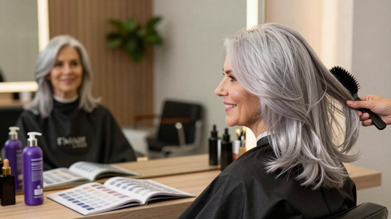 Mulher de cabelos grisalhos sorrindo enquanto recebe penteado em salão de beleza.