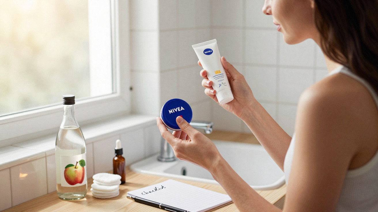 Mulher segurando cremes Nivea em banheiro iluminado, ao lado de garrafa e bloco de notas.
