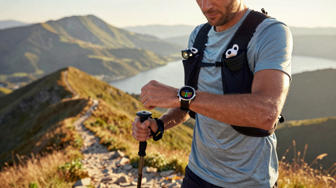 Homem olhando smartwatch durante caminhada em trilha de montanha ao nascer do sol.
