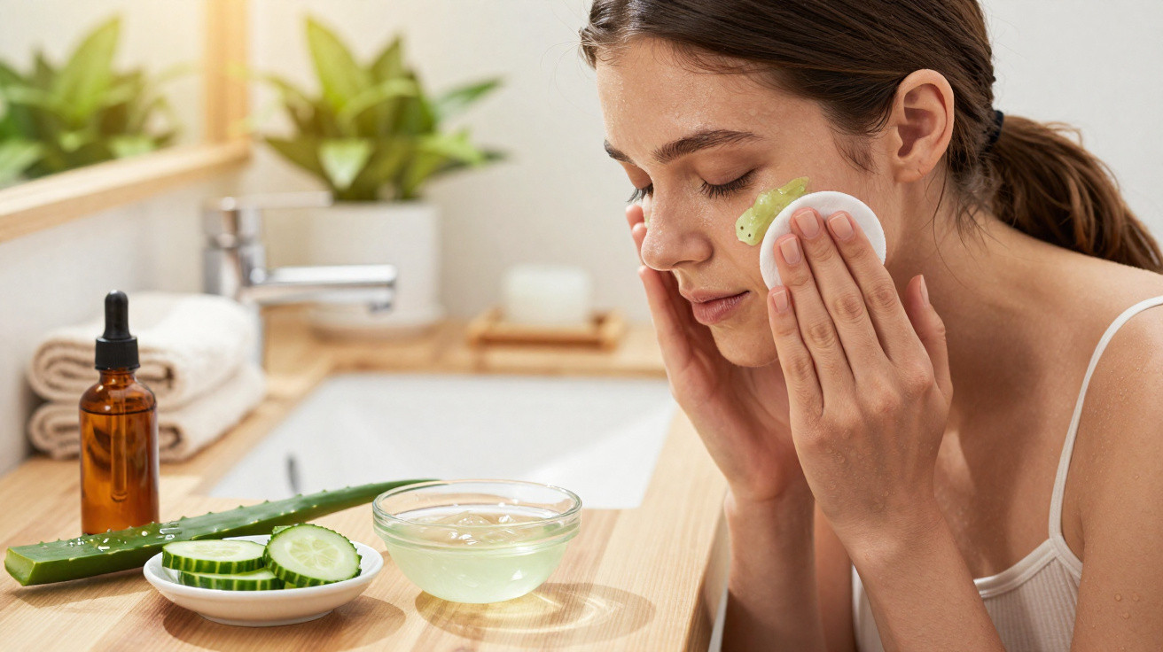Mulher aplicando produto facial verde com algodão, ao lado de pepino, babosa e frasco com sérum no banheiro.
