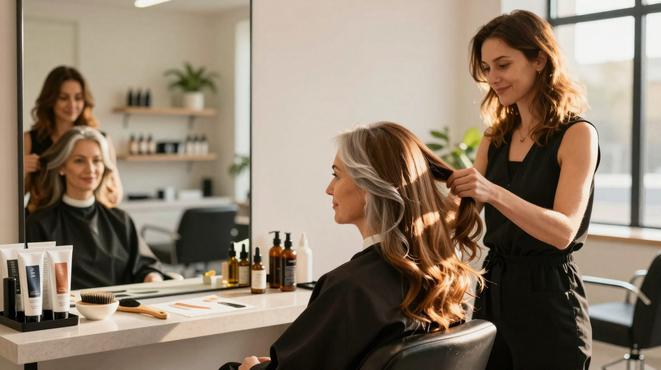 Cabeleireira arrumando o cabelo de mulher com mechas loiras em salão iluminado pela luz natural.