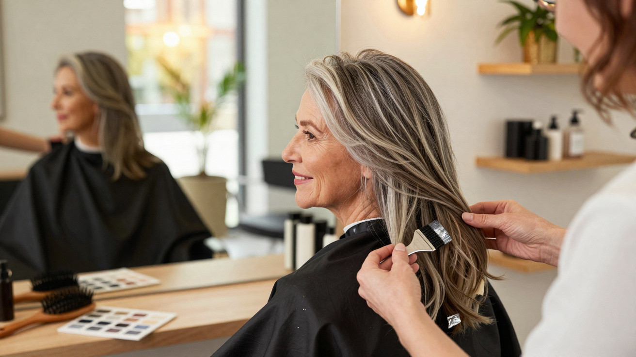 Mulher sorridente com cabelo grisalho sendo cuidada por cabeleireiro em salão de beleza.