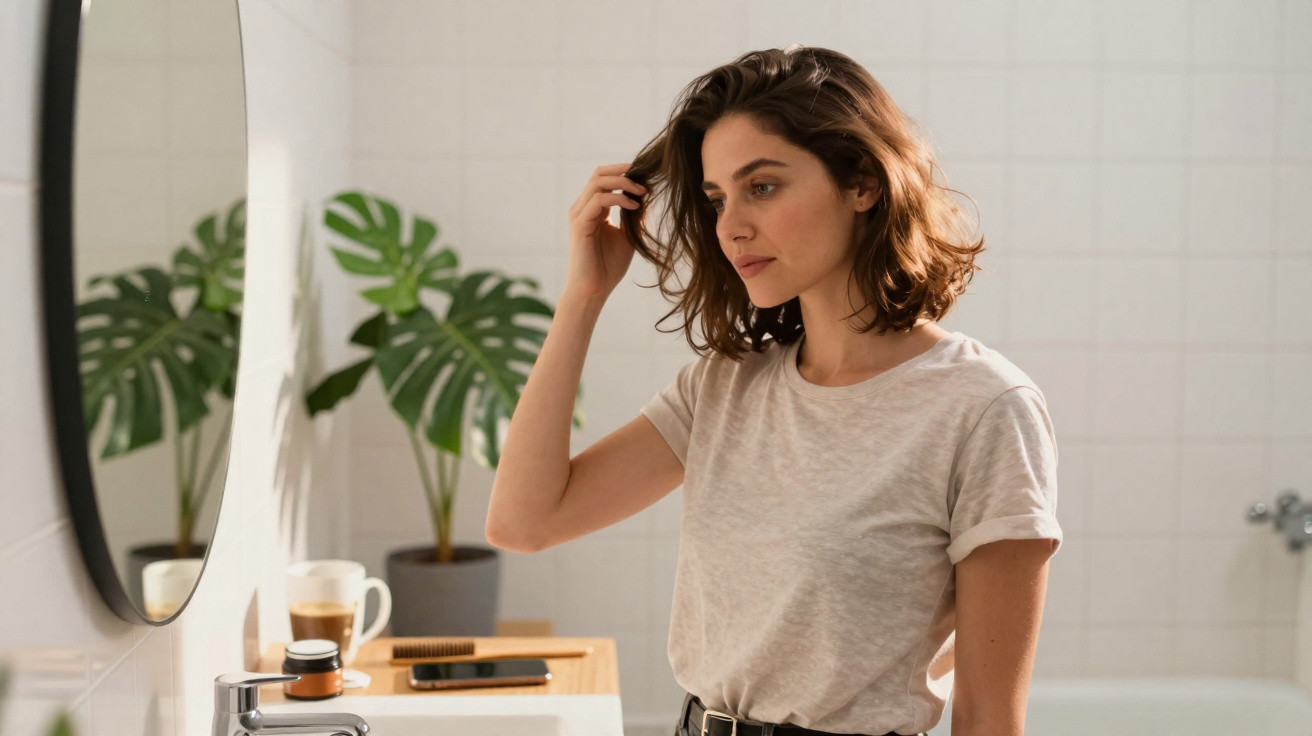 Mulher com camiseta clara ajeitando cabelo em frente a espelho em banheiro com planta ao fundo.