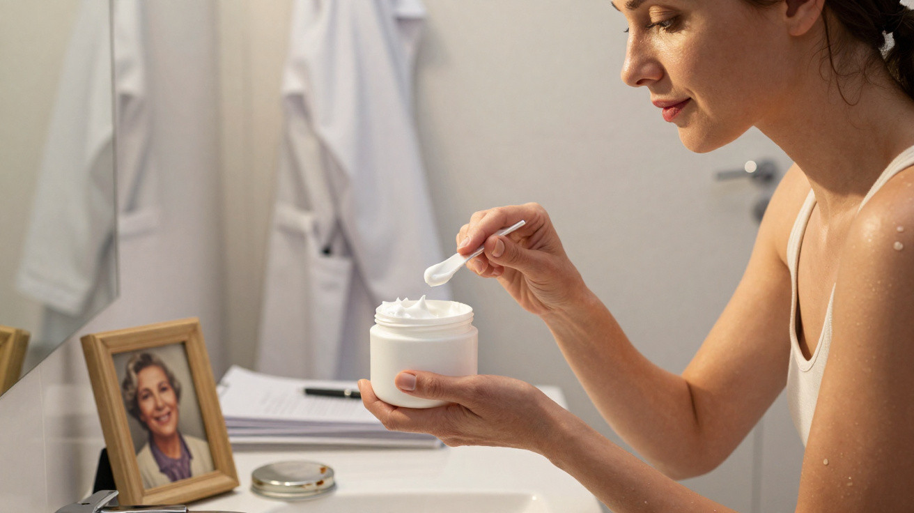 Mulher segurando pote de creme e pegando produto com espátula no banheiro.