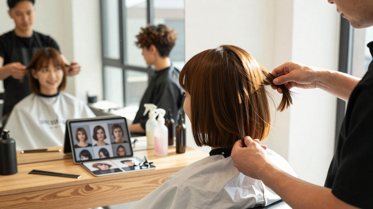 Cliente com capa branca sendo atendida por cabeleireiro que prepara corte curto em salão iluminado.
