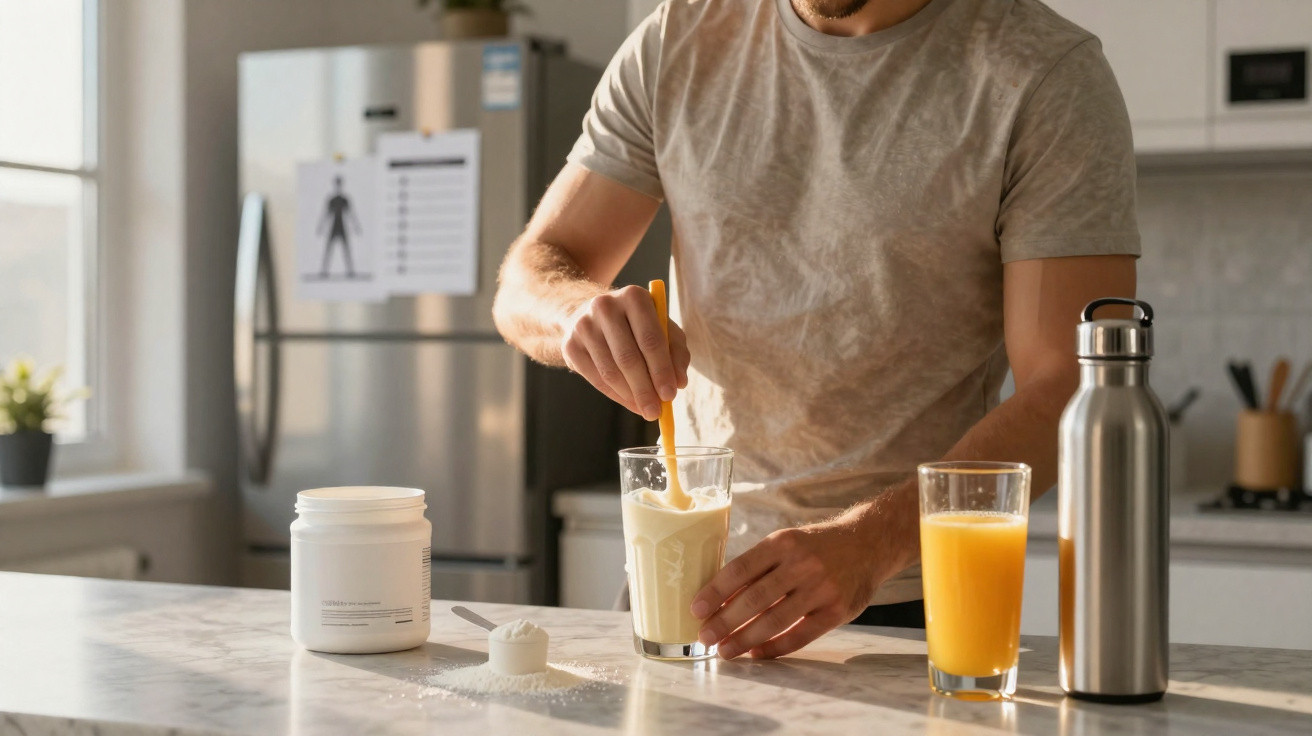Homem mexendo suplemento em pó com copo na cozinha, ao lado de suco de laranja e garrafa térmica.
