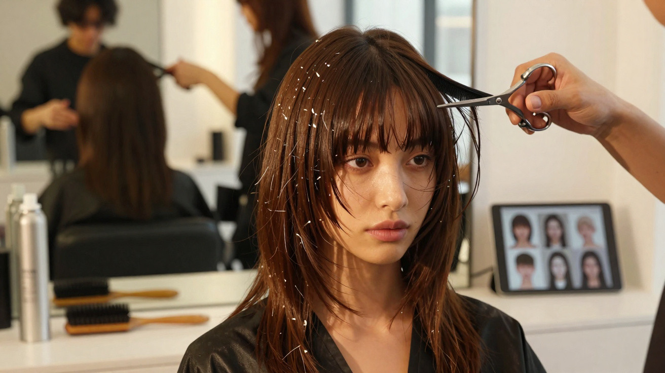 Mulher jovem com cabelo castanho sendo cortada por cabeleireiro em salão de beleza.
