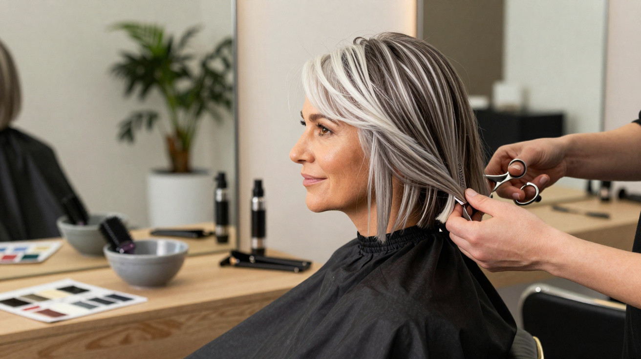 Mulher loira com cabelo curto sendo cortada em salão de beleza com profissionais e espelho ao fundo.