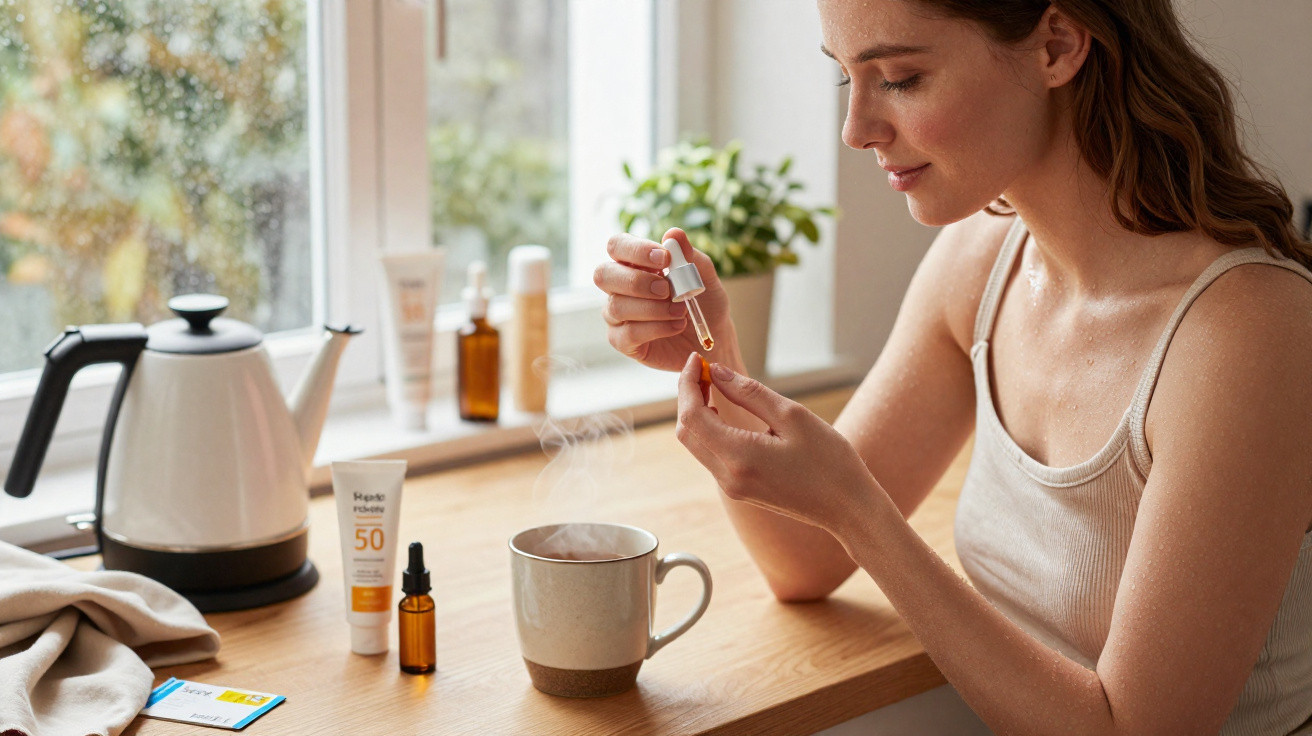 Mulher aplicando sérum no rosto sentada à mesa com chá, produtos de skincare e chaleira ao fundo.