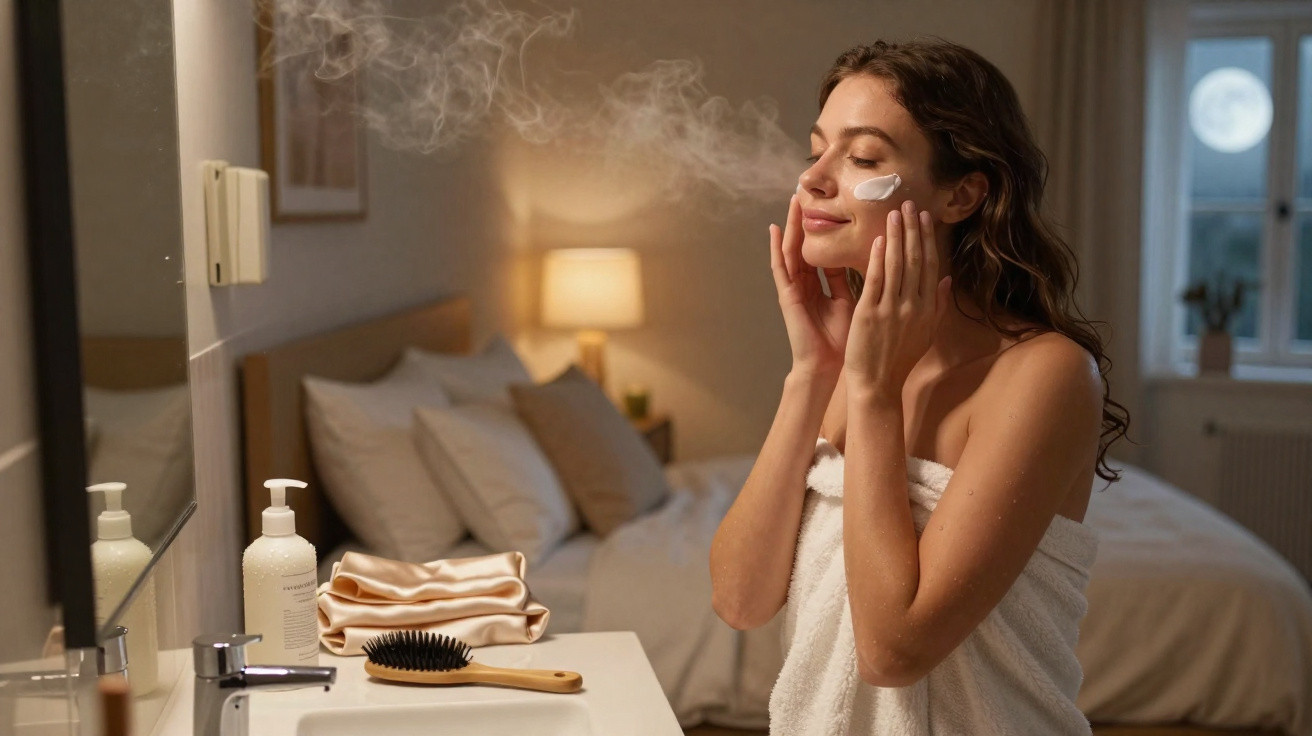 Mulher aplicando creme no rosto em banheiro, com toalha branco e vapor no espelho.