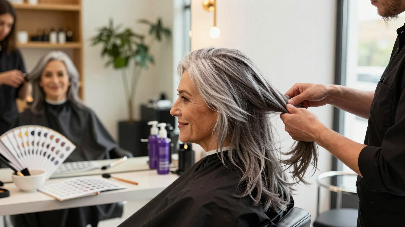 Mulher com cabelo grisalho sendo atendida por cabeleireiro em salão moderno e iluminado.
