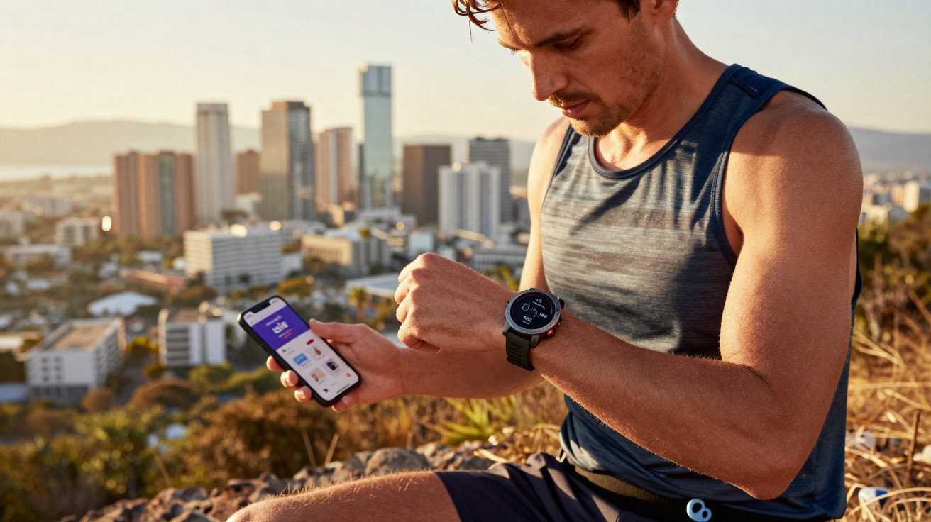Homem usando relógio esportivo e segurando celular com app de corrida, sentado ao ar livre com cidade ao fundo.