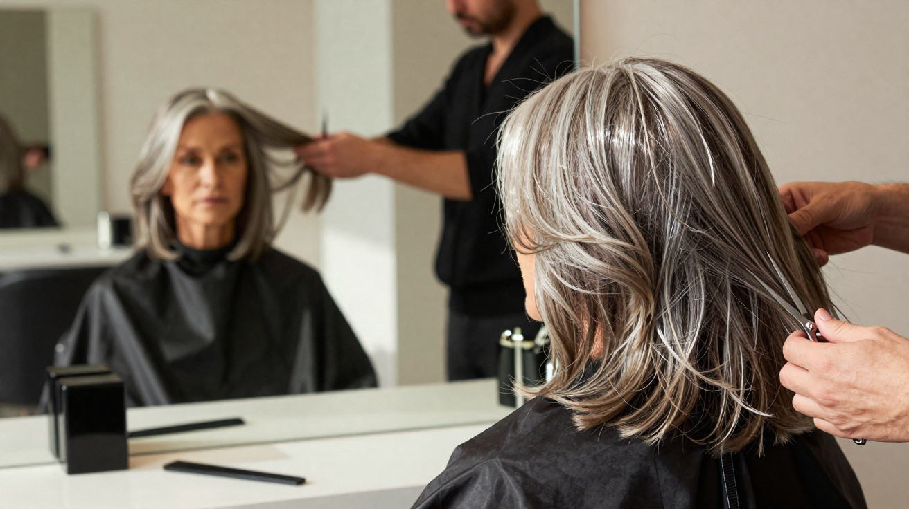 Mulher madura com cabelo grisalho sendo arrumada por cabeleireiro em salão, vista pelo espelho.