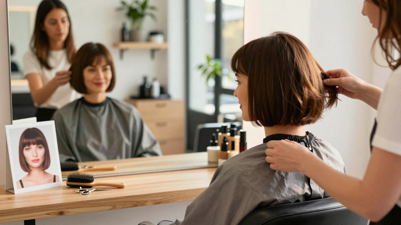 Cliente com corte de cabelo curto sendo atendida por cabeleireira em salão moderno.