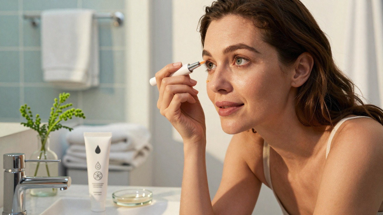 Mulher aplicando creme ou serum com aplicador na área dos olhos em banheiro iluminado.