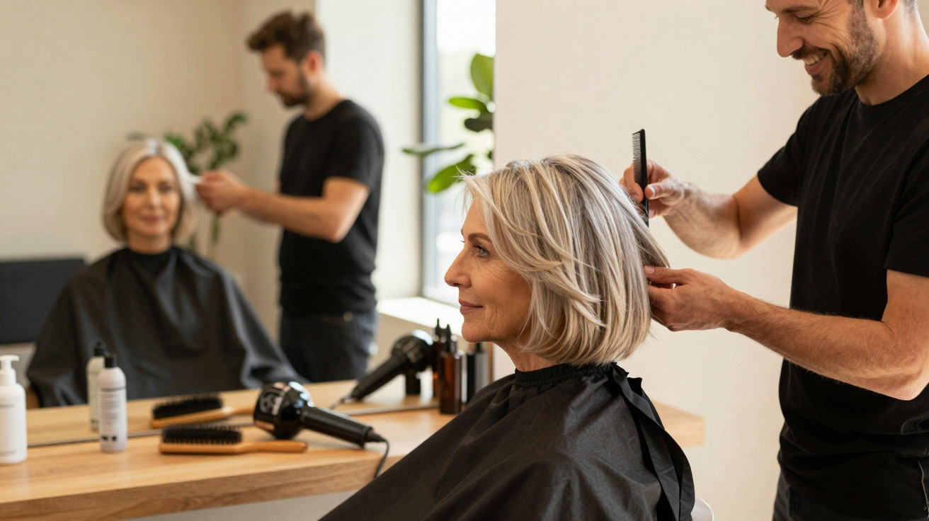 Mulher madura sentada em salão enquanto cabeleireiro penteia seu cabelo curto e grisalho.