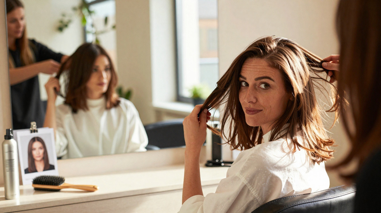 Mulher observando o cabelo no salão de beleza enquanto cabeleireira realiza corte e escova.
