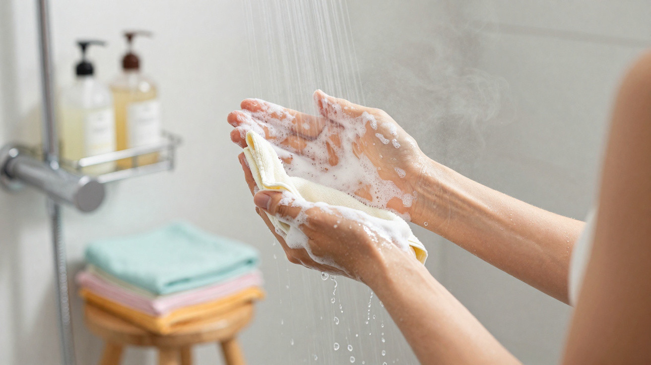 Mãos ensaboadas lavando uma toalha branca em um chuveiro com toalhas dobradas ao fundo.