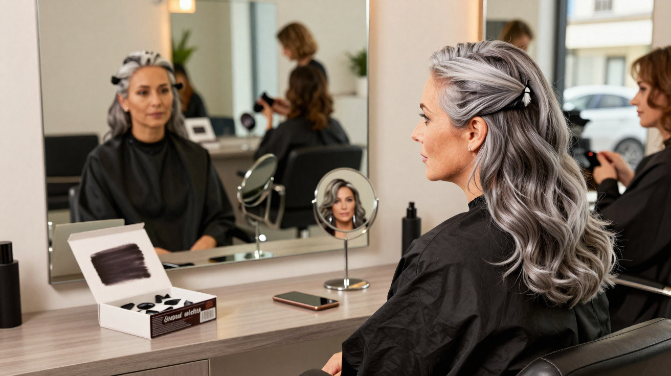 Mulher com cabelo grisalho longo sendo tingido em salão de beleza, sentada diante de espelhos.