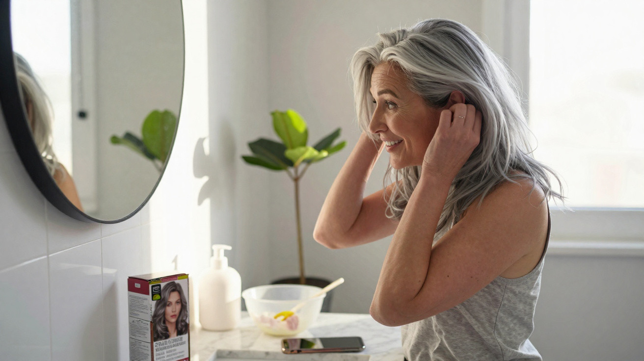 Mulher sorrindo arrumando o cabelo diante do espelho em banheiro iluminado e decorado com planta.