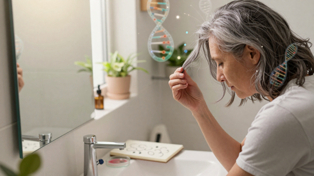 Mulher olhando cabelos grisalhos no espelho do banheiro com gráficos de DNA ao redor.