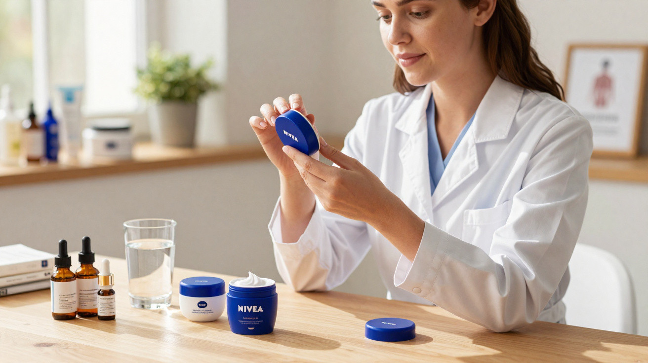 Mulher de jaleco branco segura pote de creme Nivea em mesa com produtos de cuidados com a pele.
