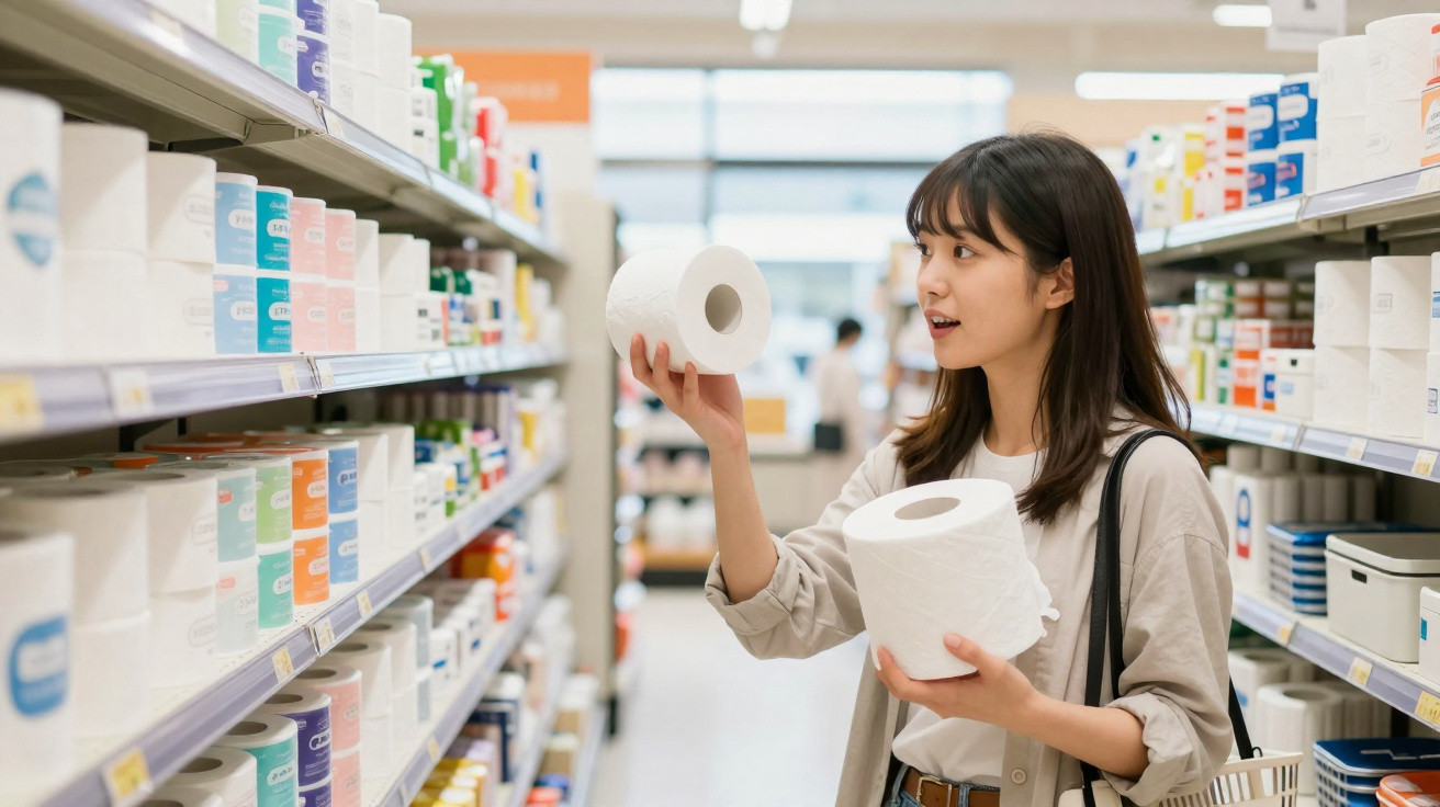 Mulher em supermercado segurando e escolhendo papel higiênico na prateleira de produtos.