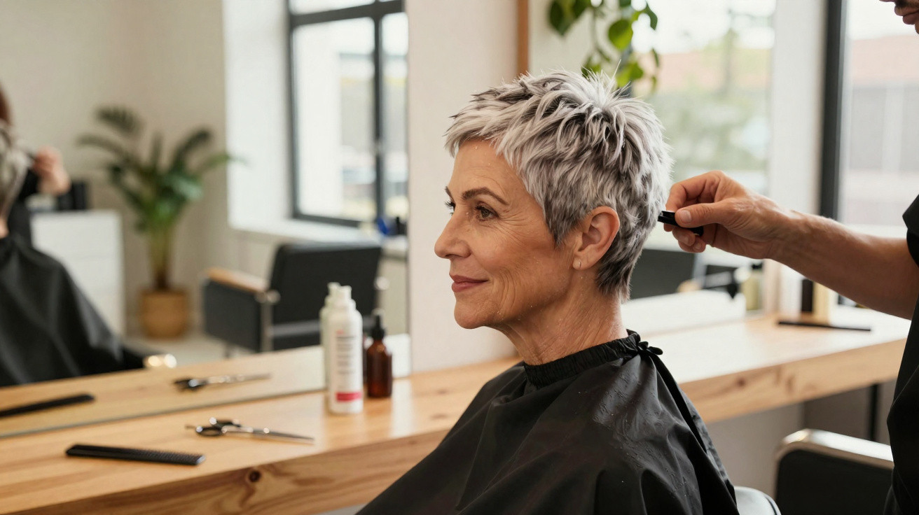 Mulher de cabelos grisalhos curtos em cadeira de salão, recebendo corte de cabelo de cabeleireiro.