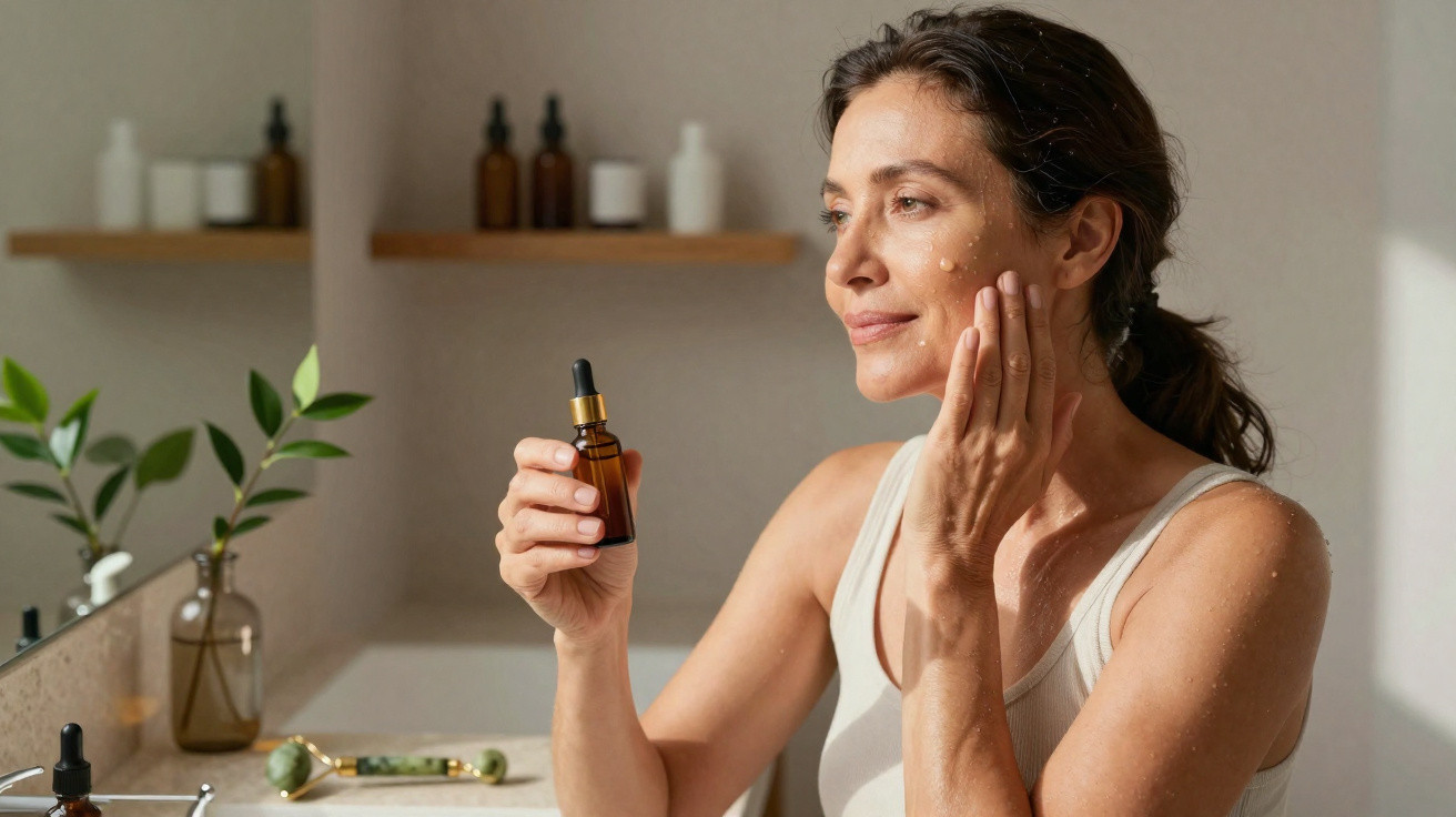 Mulher aplica óleo facial com conta-gotas em rosto, em banheiro com espelho e plantas ao fundo.