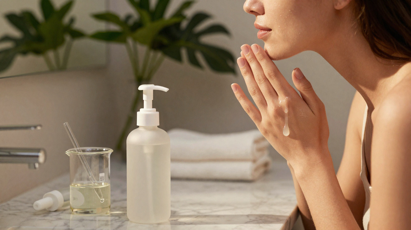 Mulher aplicando sérum facial com frascos e toalhas ao fundo em bancada de banheiro.