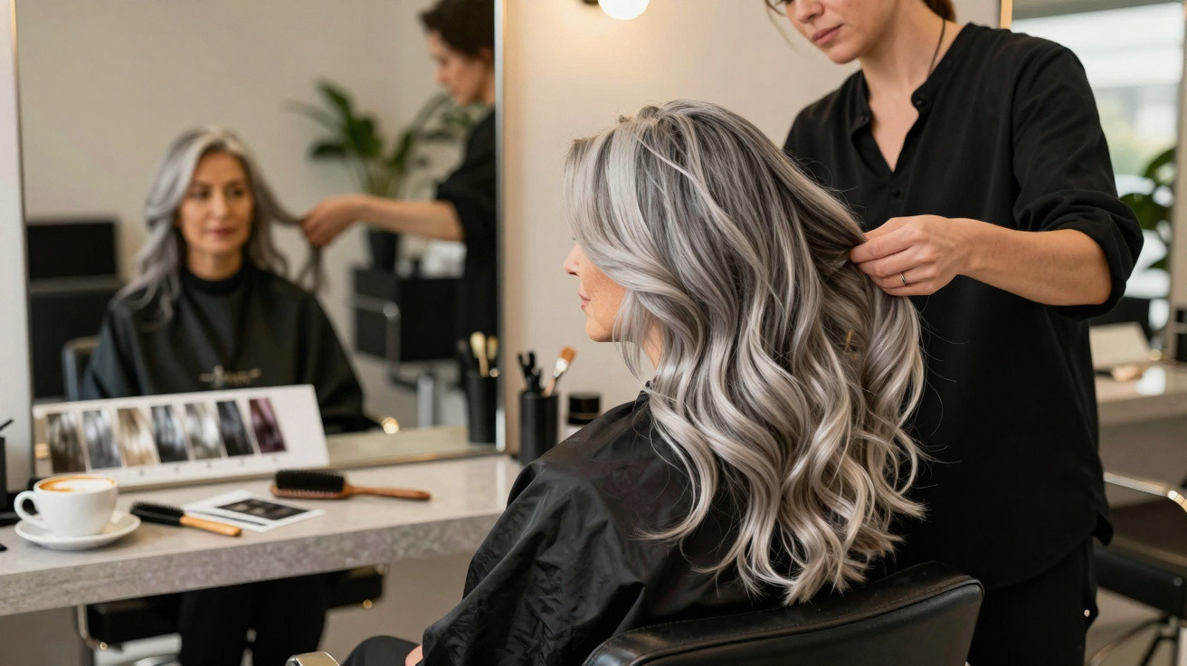 Mulher com cabelo grisalho ondulado sendo penteada por cabeleireira em salão moderno com espelho.