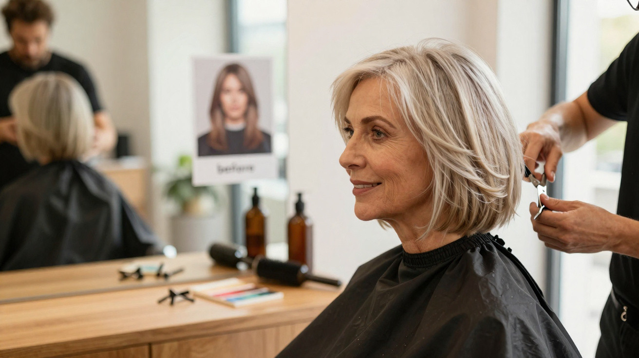 Mulher madura sorrindo enquanto recebe corte de cabelo em salão moderno com espelhos e produtos.